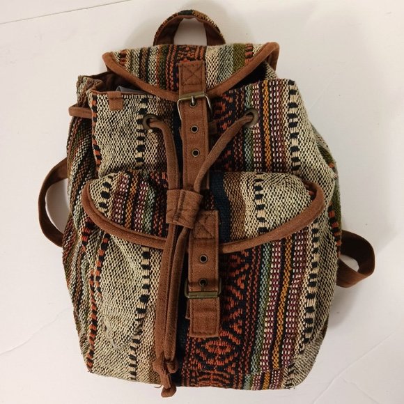 Catori Southwestern Drawstring Mini Backpack Bag Brown Blanket Canvas Tweed - Picture 3 of 15